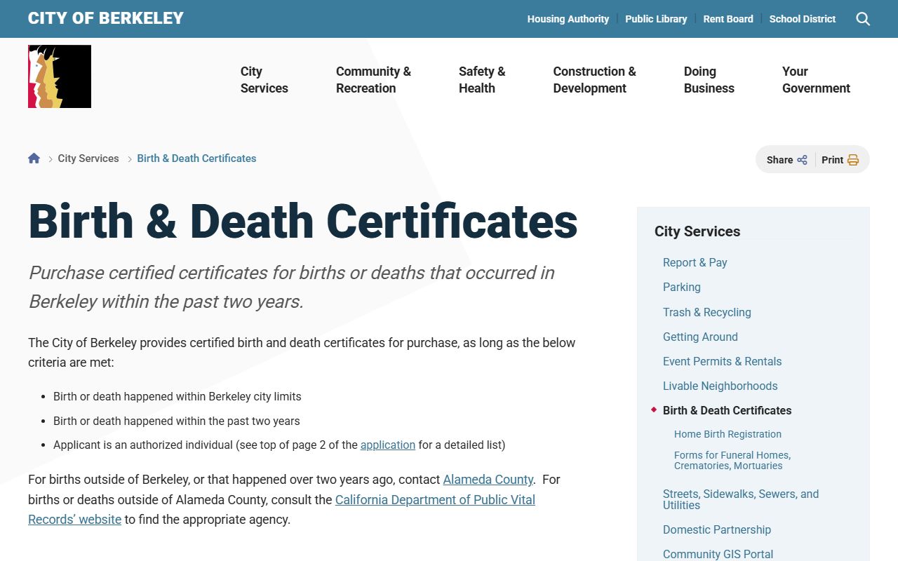 City of Berkeley vital records birth certificate information