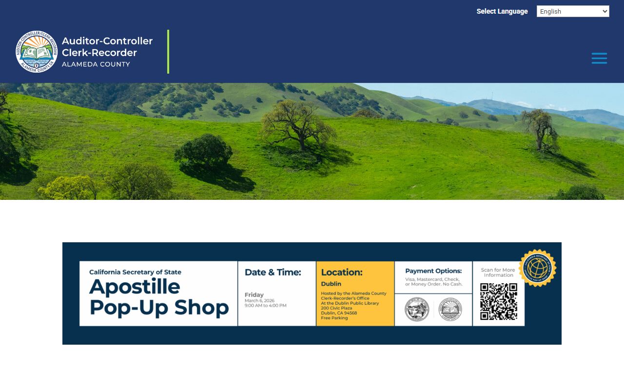 Alameda County Clerk-Recorder birth records page showing ordering options