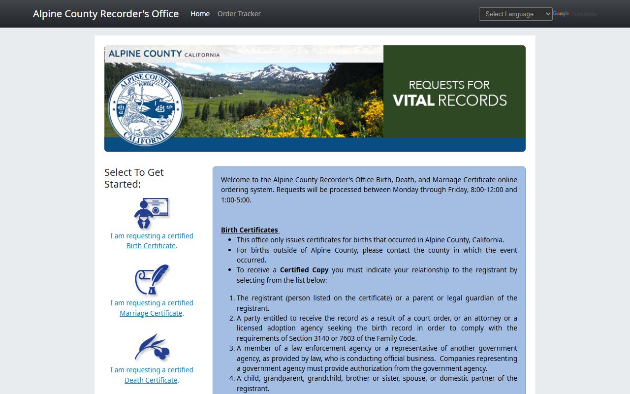 Alpine County online birth certificate ordering portal