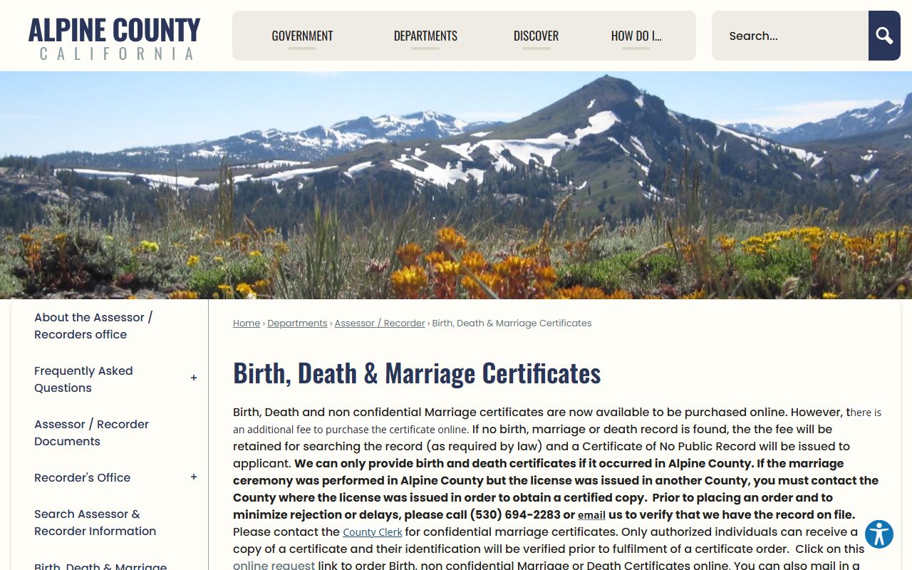 Alpine County vital records page showing birth certificate information
