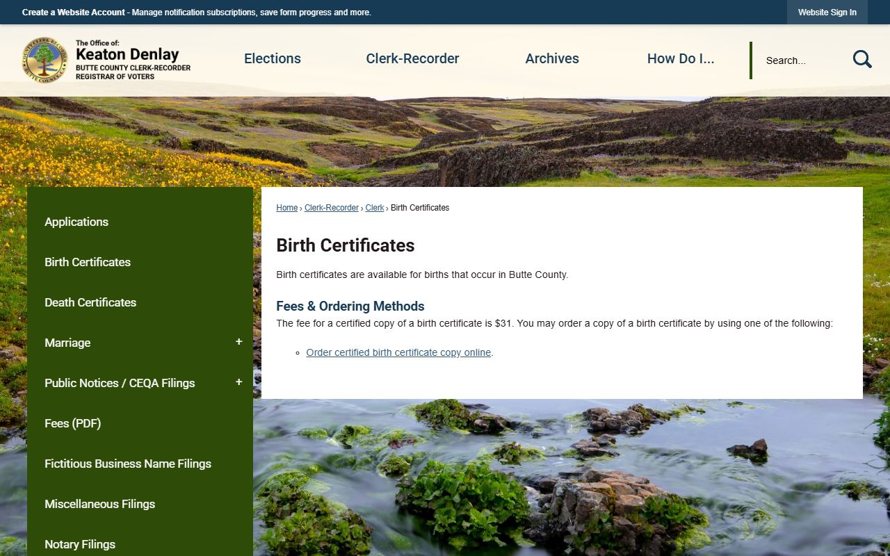 Butte County birth certificate information page