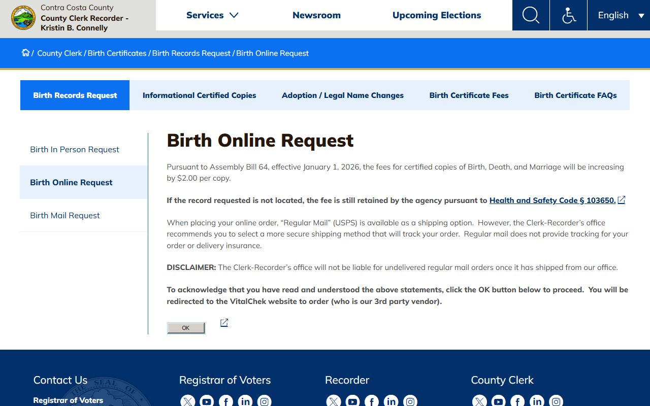 Contra Costa County online birth certificate ordering portal