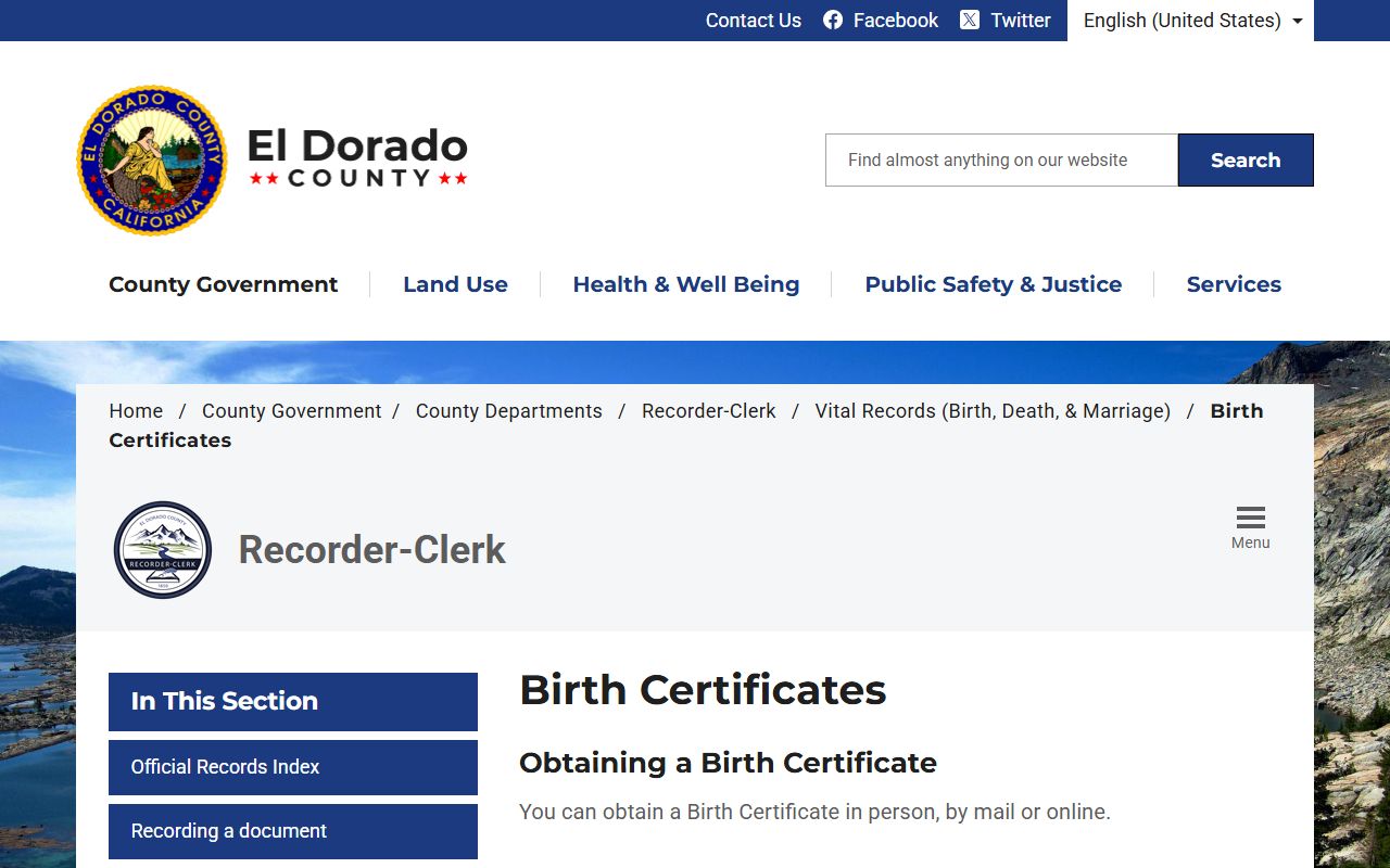 El Dorado County Recorder-Clerk birth certificate information page