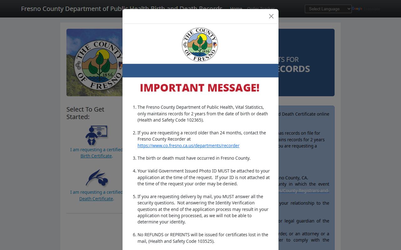 Fresno County Recorder online portal for birth certificate orders