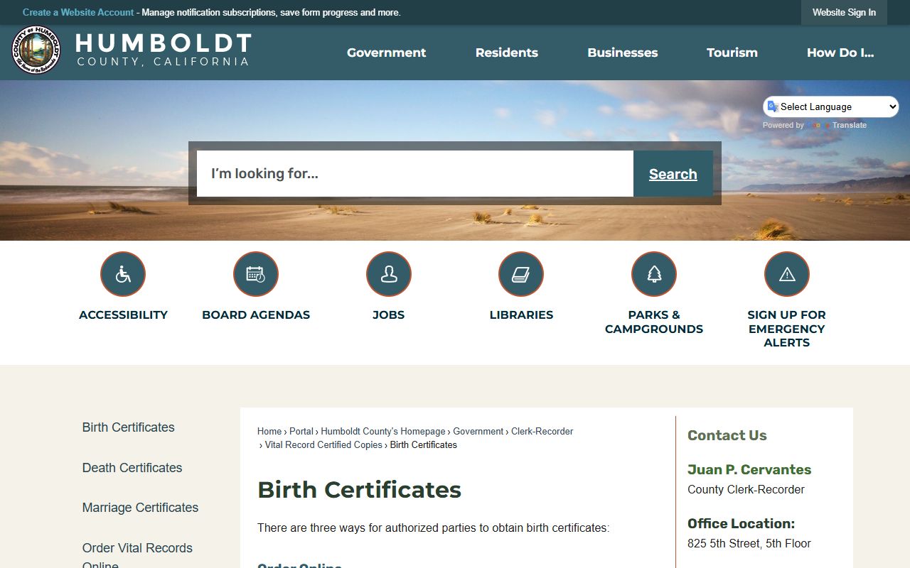 Humboldt County Clerk-Recorder birth certificate information page