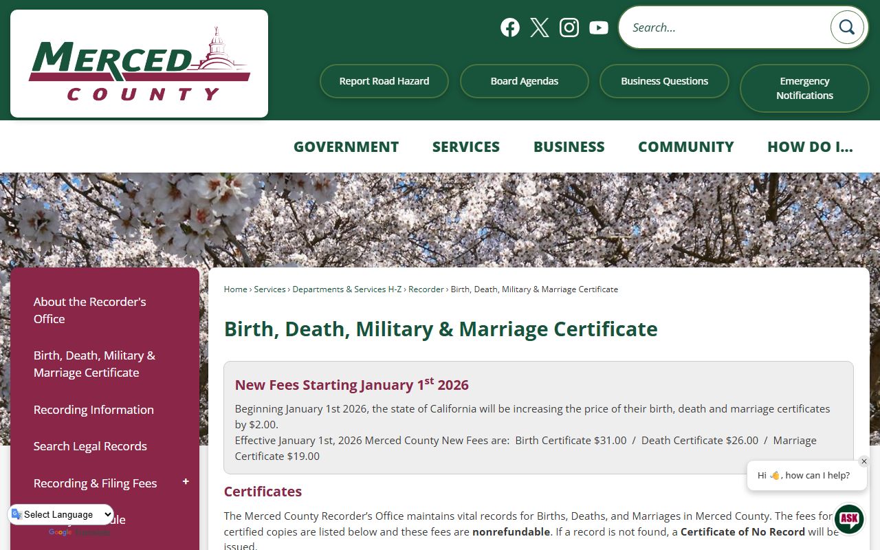 Merced County vital records information page