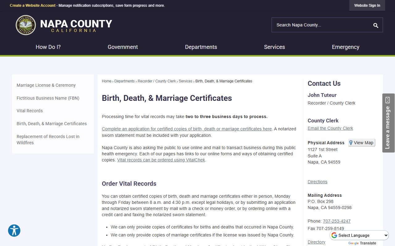 Napa County vital records certificates ordering page
