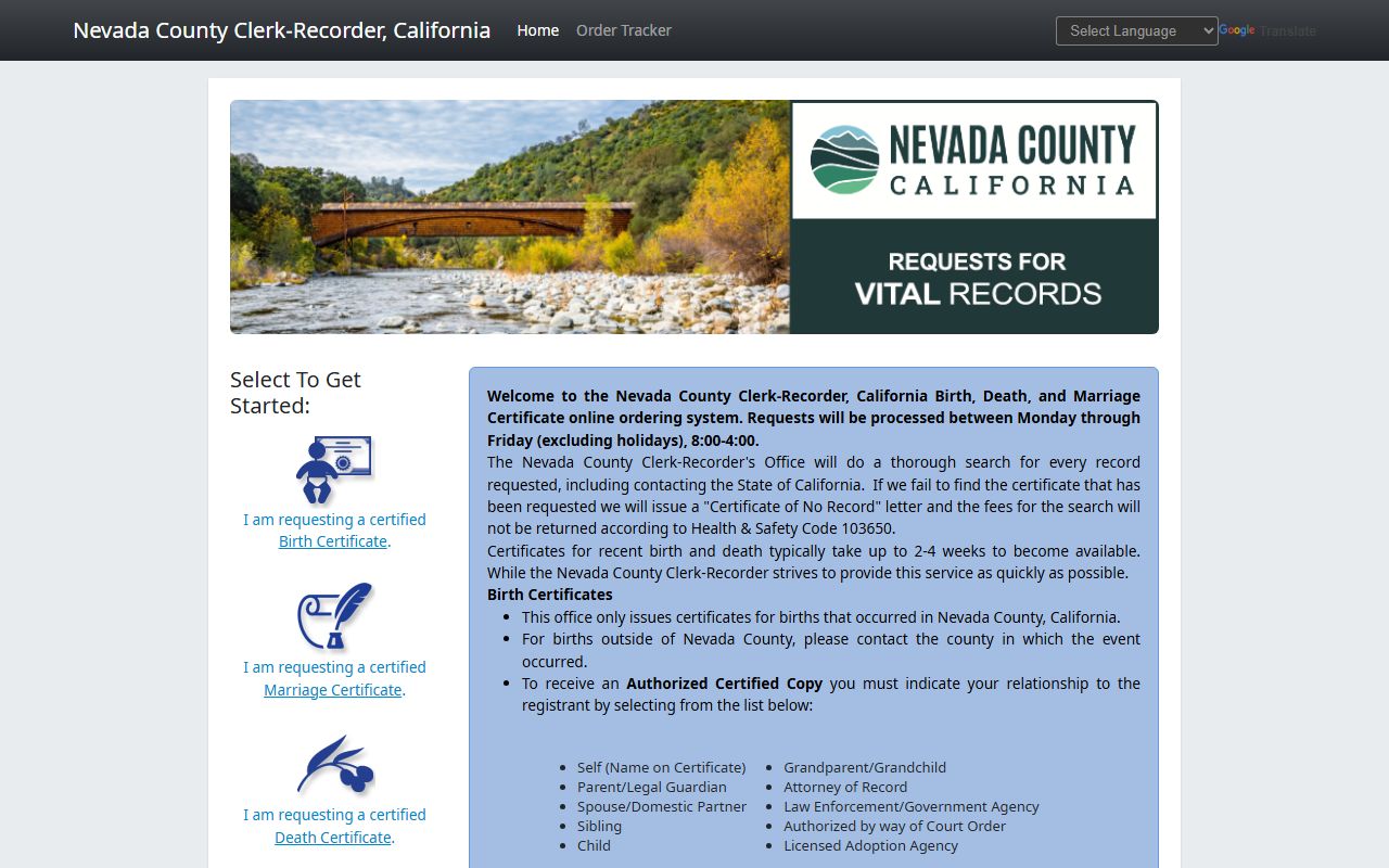 Nevada County Clerk-Recorder online portal for vital records