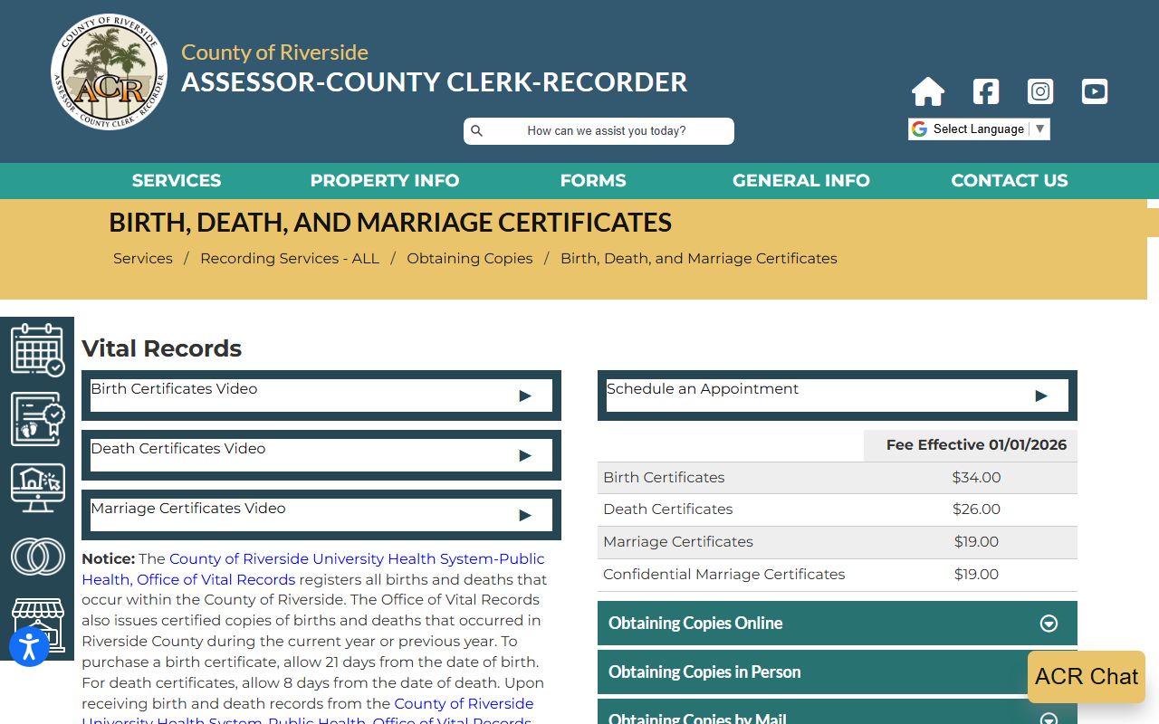 Riverside County vital records information page