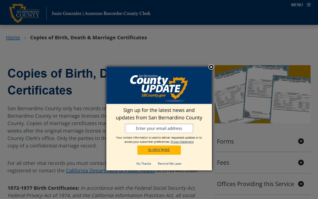 San Bernardino County vital records page showing birth certificate information