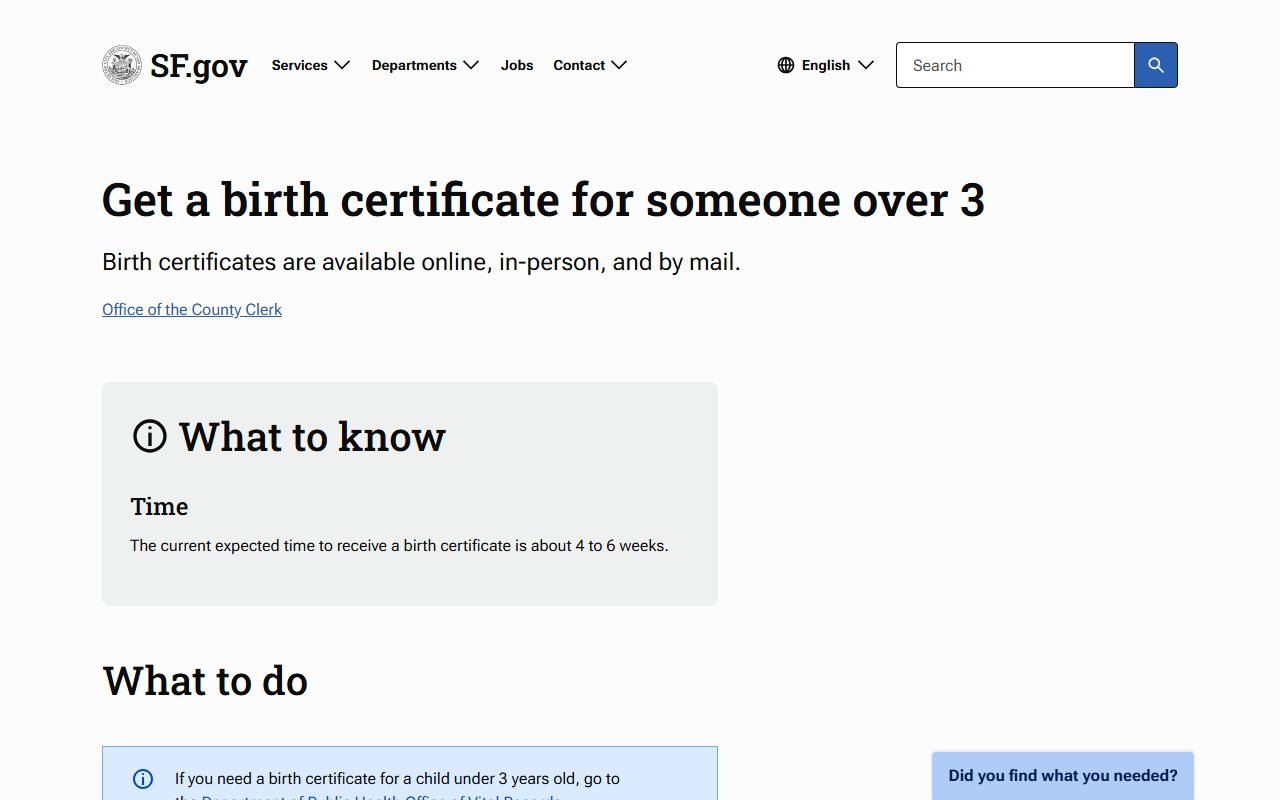 San Francisco birth certificate information showing the two-office system