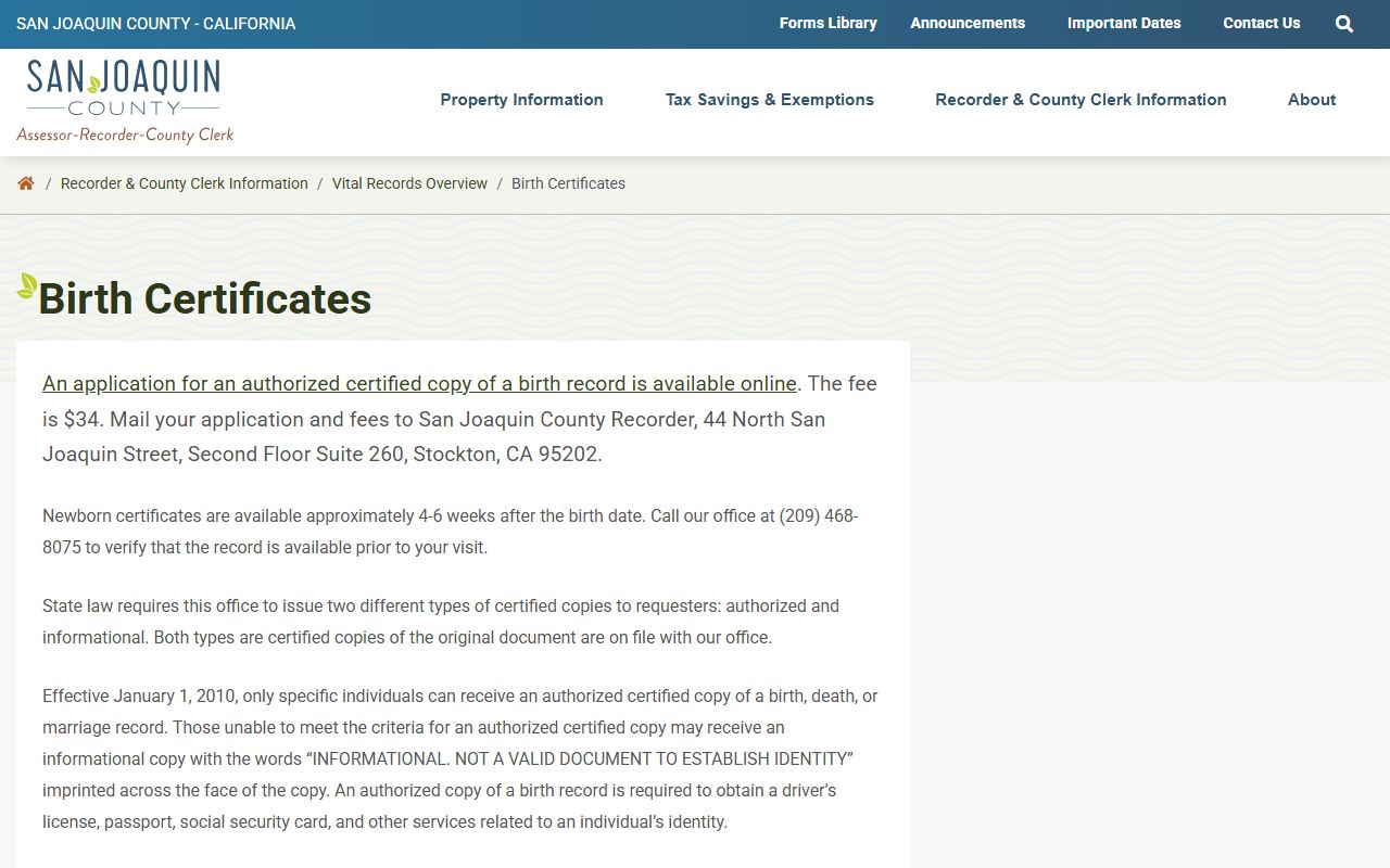 San Joaquin County birth records page showing certificate ordering information