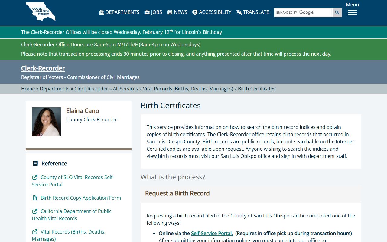 San Luis Obispo County birth records page showing certificate ordering information