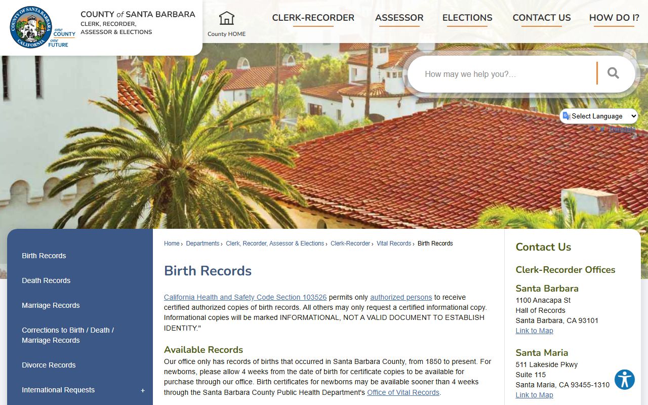 Santa Barbara County Clerk-Recorder birth records information page