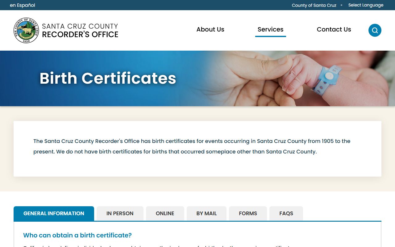 Santa Cruz County Clerk-Recorder vital records birth certificate page