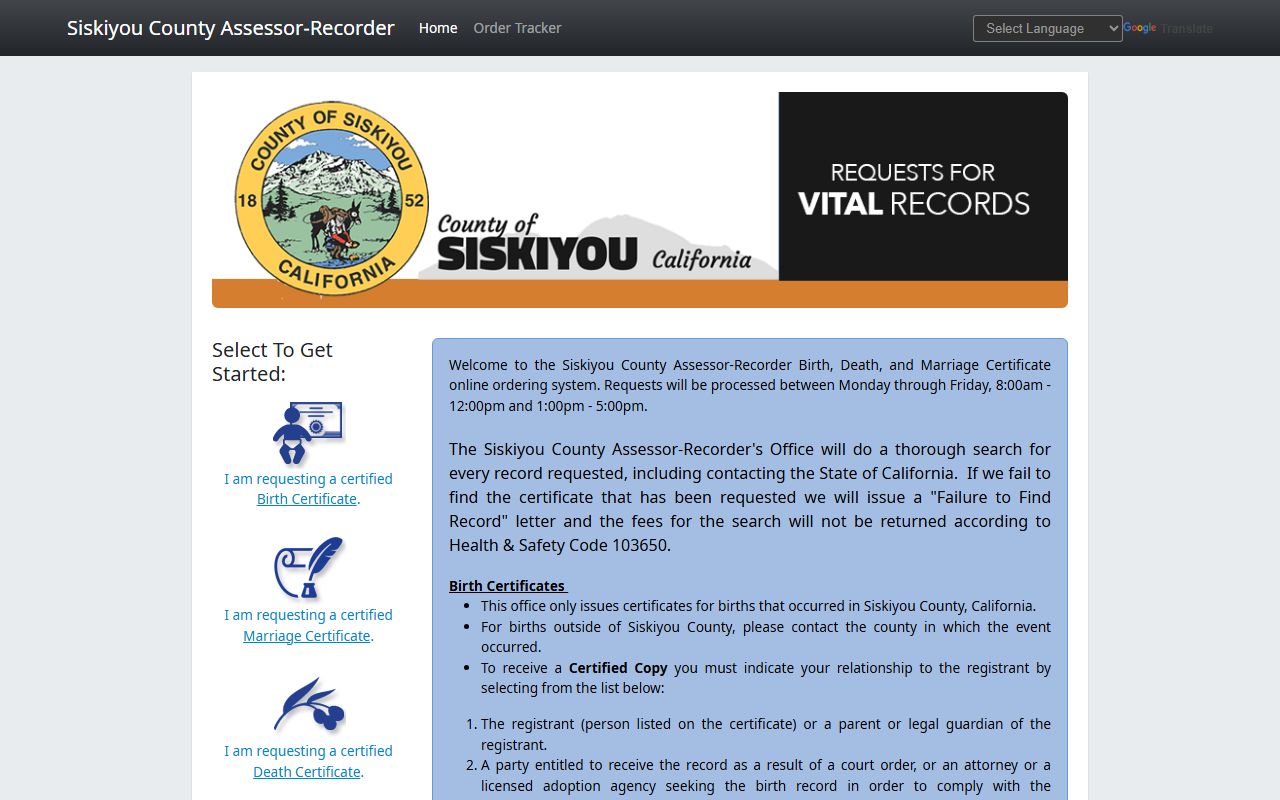 Siskiyou County online vital records ordering portal