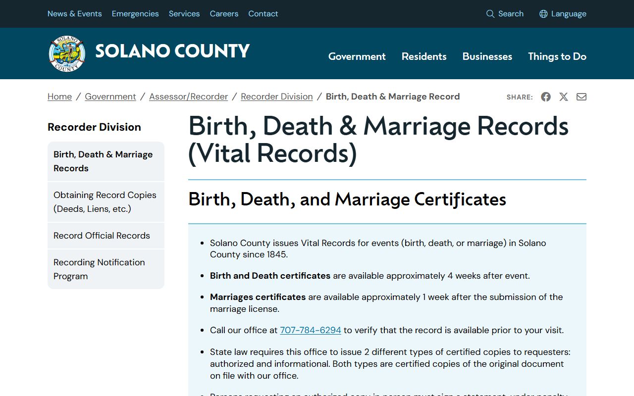 Solano County Assessor-Recorder vital records information page