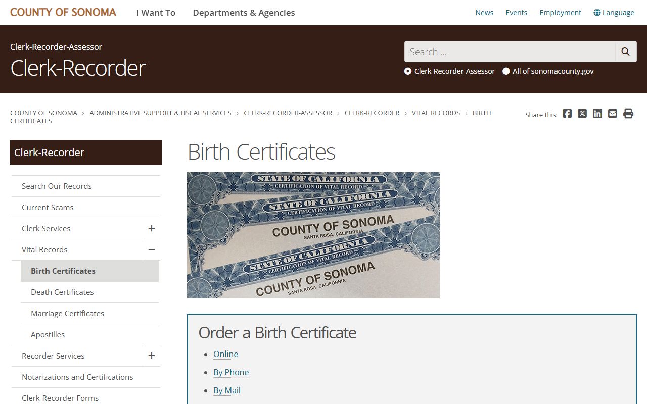 Sonoma County Clerk-Recorder birth certificate information page
