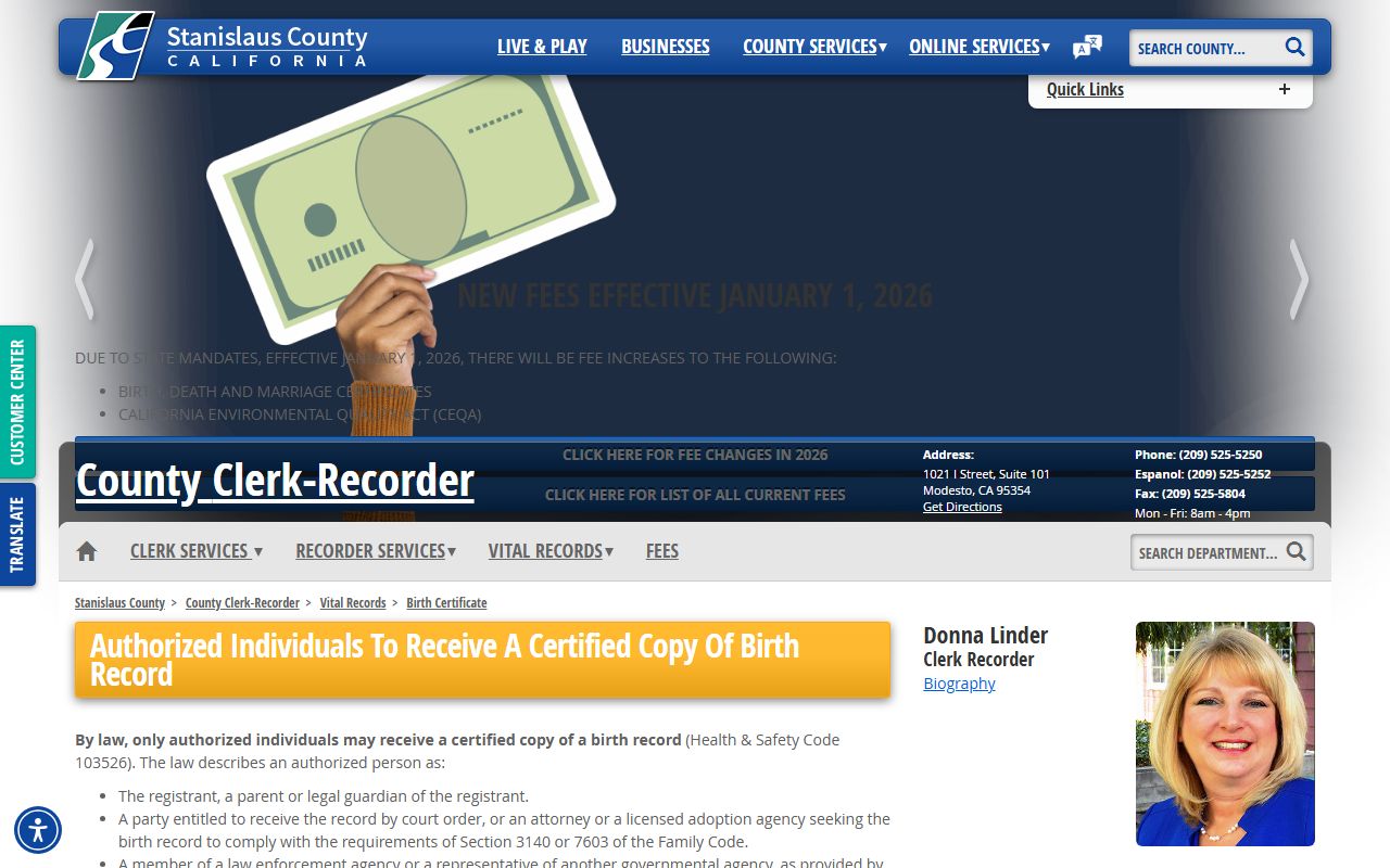 Stanislaus County Clerk-Recorder birth certificate information page
