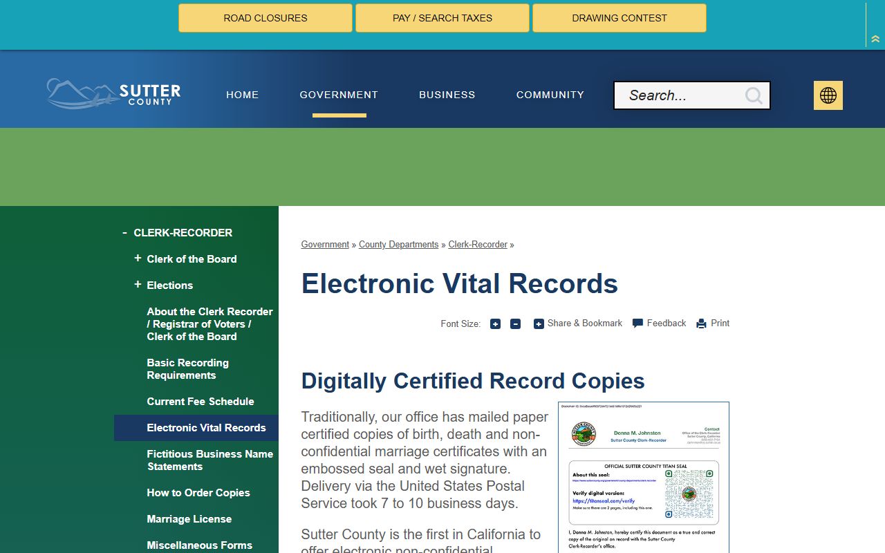 Sutter County electronic vital records page showing Titan Seal blockchain system