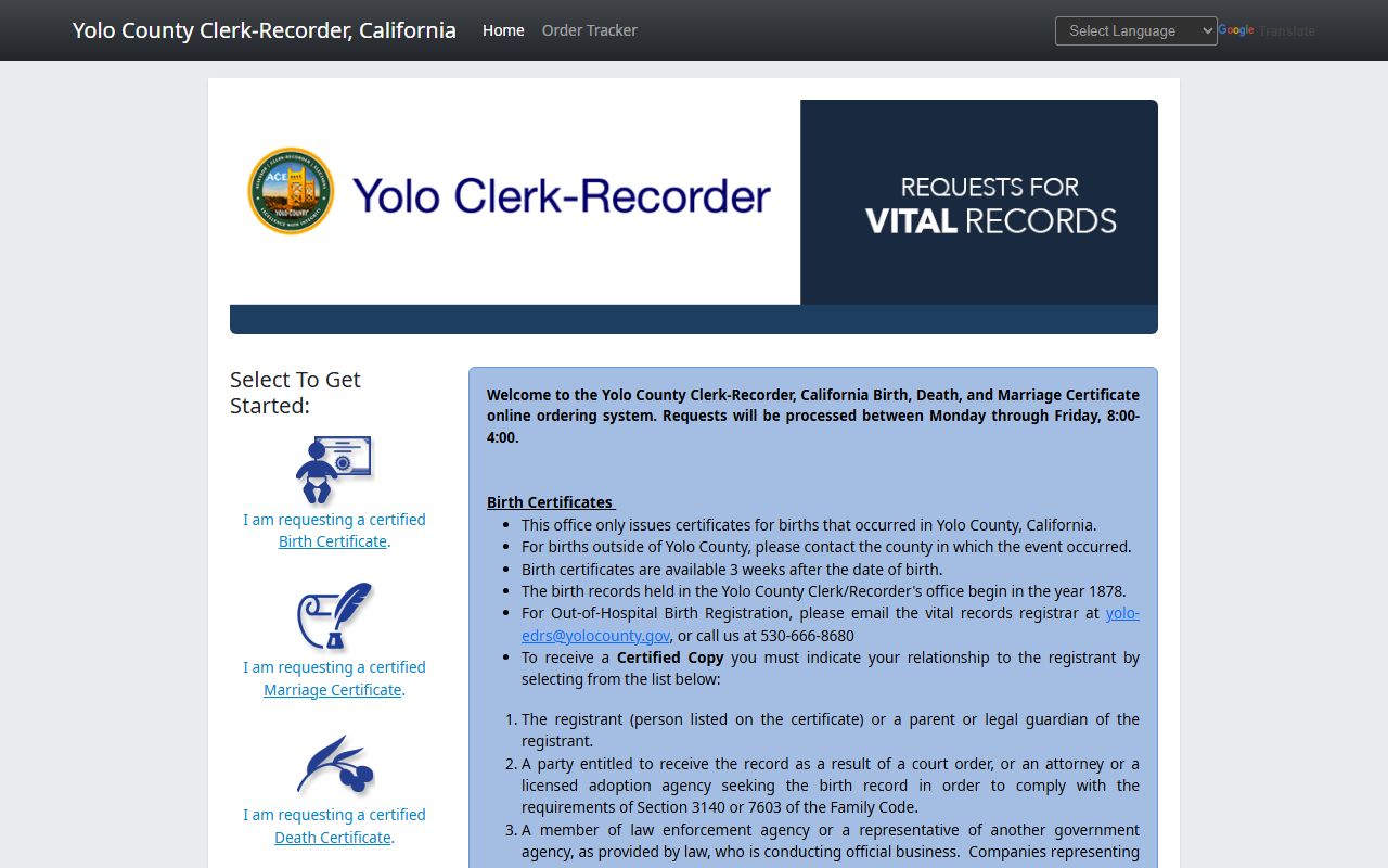 Yolo County online vital records ordering portal