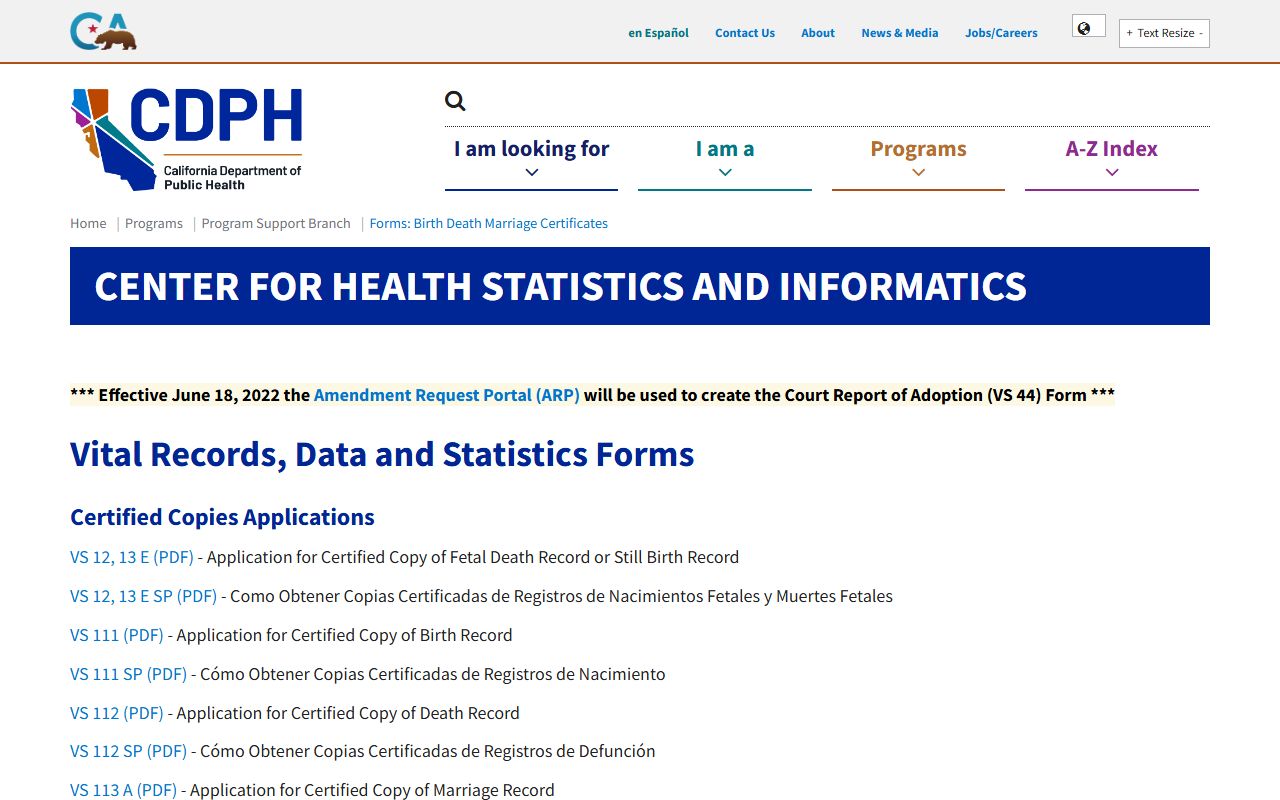 California CDPH forms library page with birth certificate applications