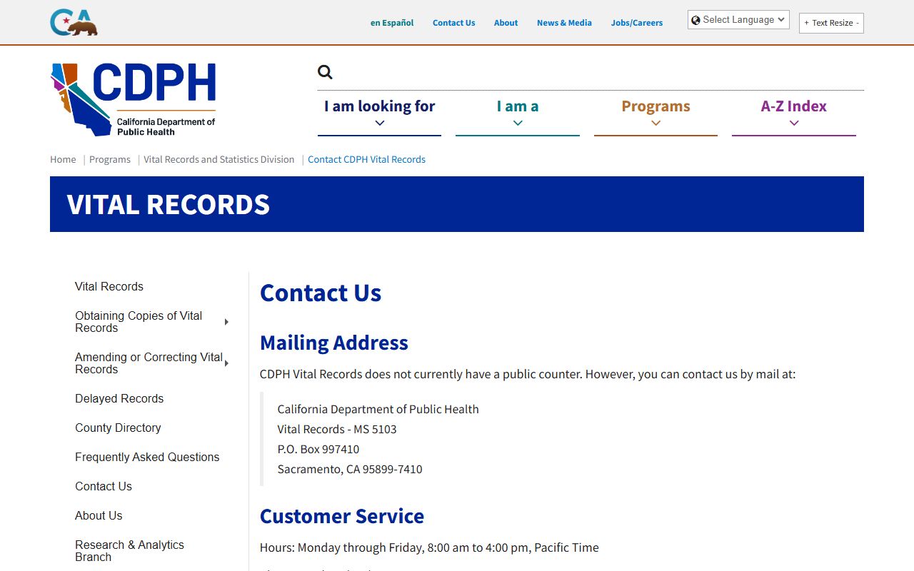 California CDPH Vital Records contact information page