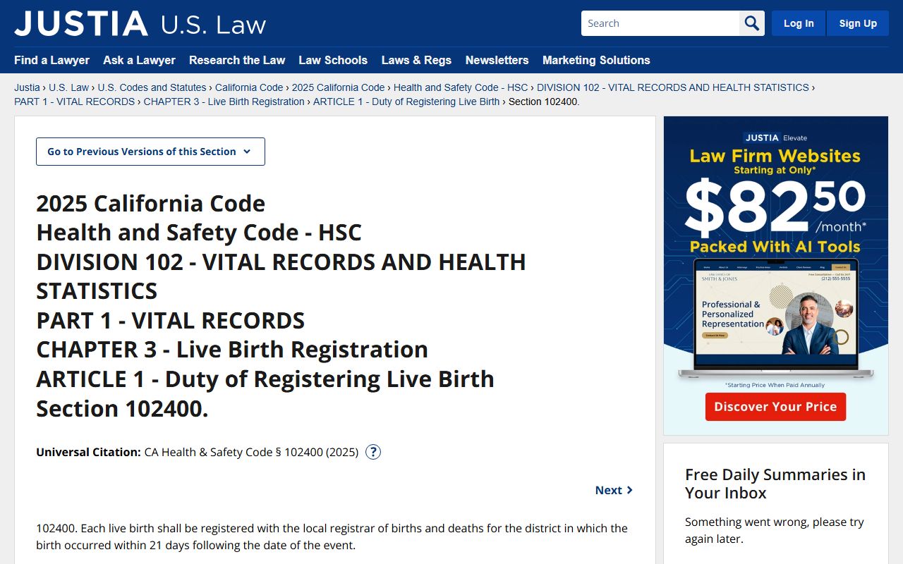 California Health and Safety Code Section 102400 on birth registration requirements